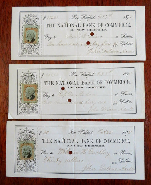 New Bedford National Bank draft money orders 1875-6 Lot x 3 John Delano Adams