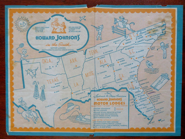Howard Johnson's Southern U.S. Texas Florida c. 1960's cartoon pictorial map