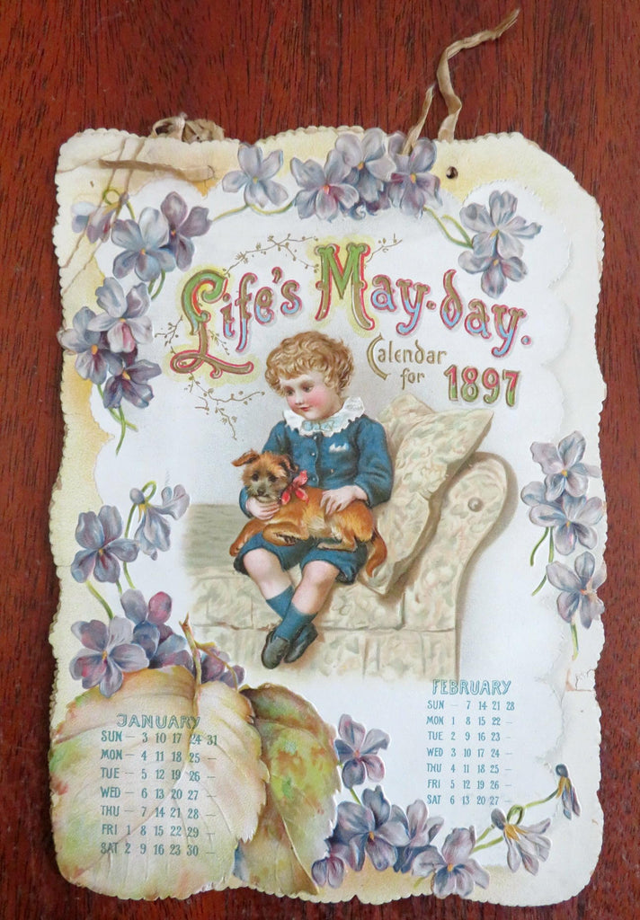 Life's May-Day shaped Calendar 1897 Children Pets cats Chromolithographed rarity
