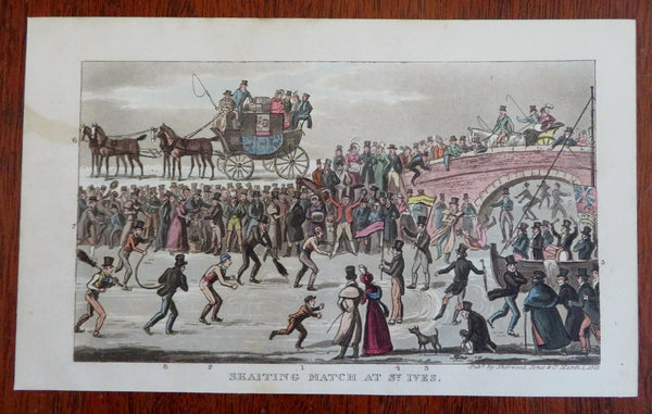 Ice Skating Winter Scene St. Ives Race Carriage Crowd Scene 1823 aquatint print