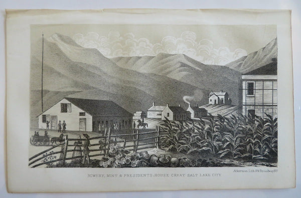 Salt Lake City Bowery Mint & President's House 1853 Utah lithographed print