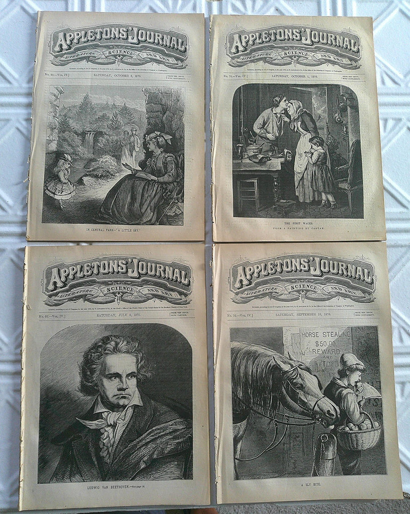 Appleton's Journal 1870 lot x 4 issues Central Park Beethoven Hawthorne birds