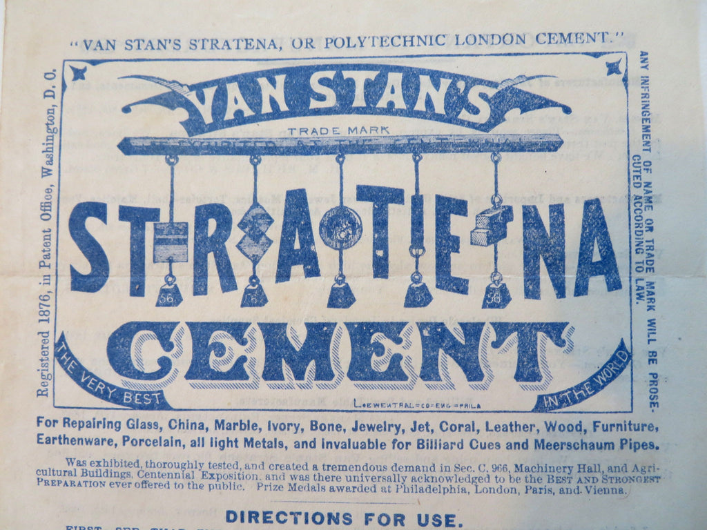 Van Stan's Stratena Cement Glue c. 1882 pictorial ad leaflet w/ testimonials