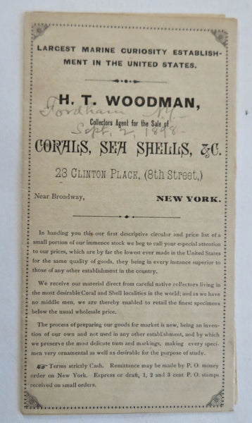 Marine Curiosities Coral Sea Shells H.T. Woodman Dealer 1898 folding brochure