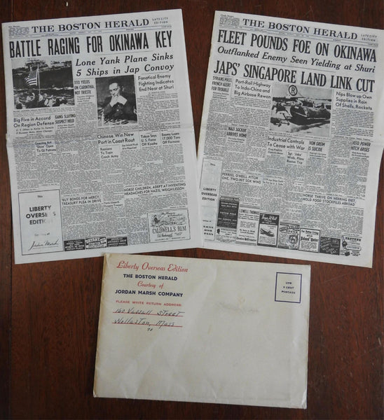 Boston Herald 1945 WWII two mini newspapers Liberty Overseas Edition May 21 & 28