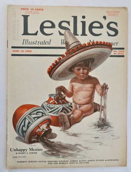 Mexican Revolution Baby in Sombrero Flohri art cover 1920 Leslie's Illustrated