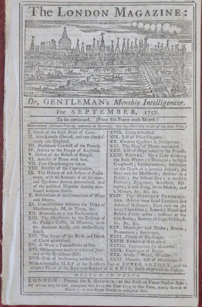 Bengal War Cadiz Parliament Report Sea Travel Sept. 1757 London mag. full issue
