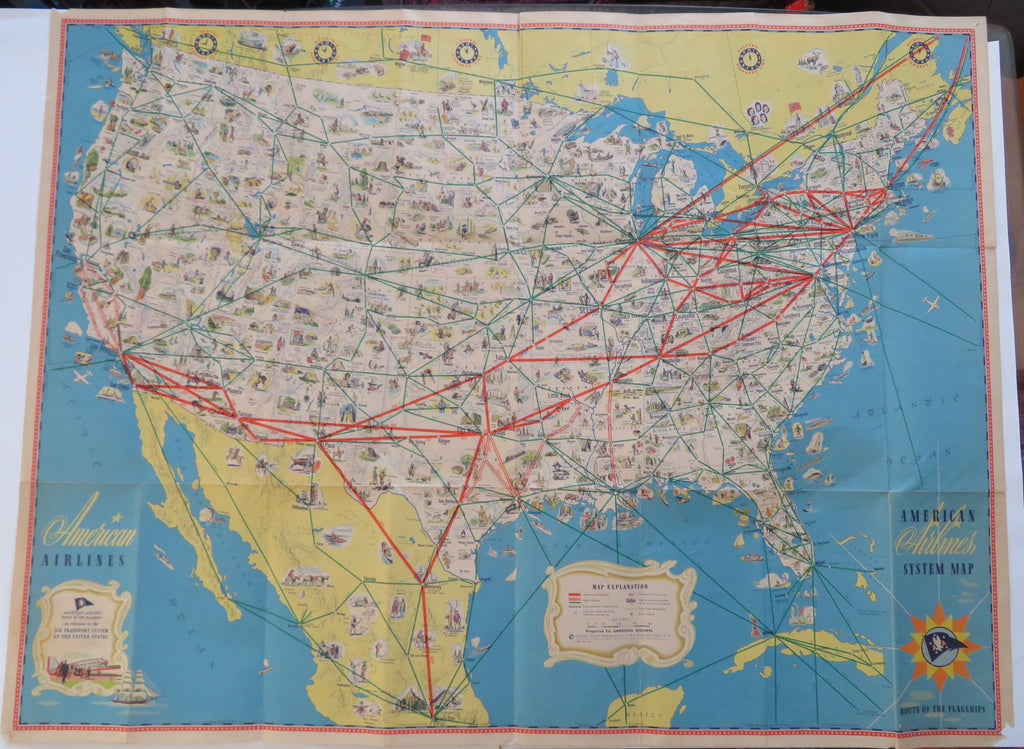 American Airlines Flagship Routes c.1945 Cartoon Pictorial Map Flight Routes map