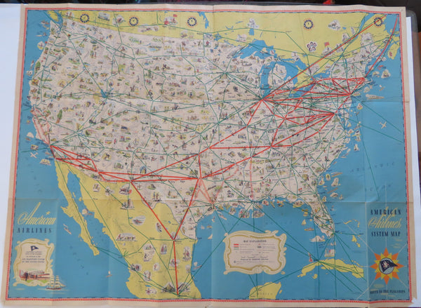 American Airlines Flagship Routes c.1945 Cartoon Pictorial Map Flight Routes map