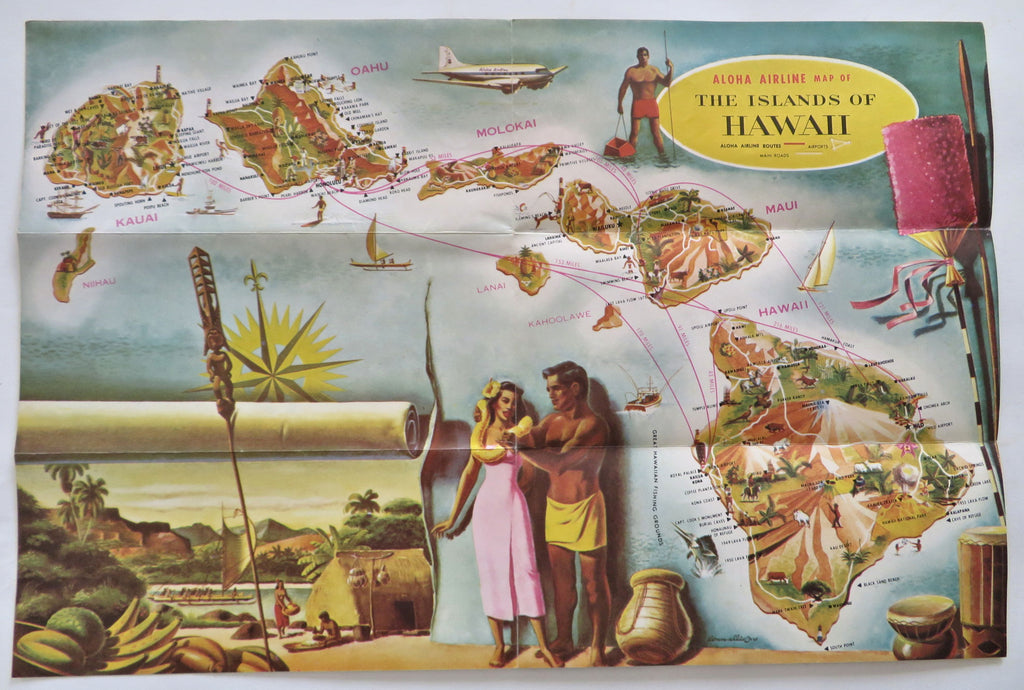 Hawaii Cartoon Pictorial Map Aloha Airlines c.1950s tourist info travel brochure