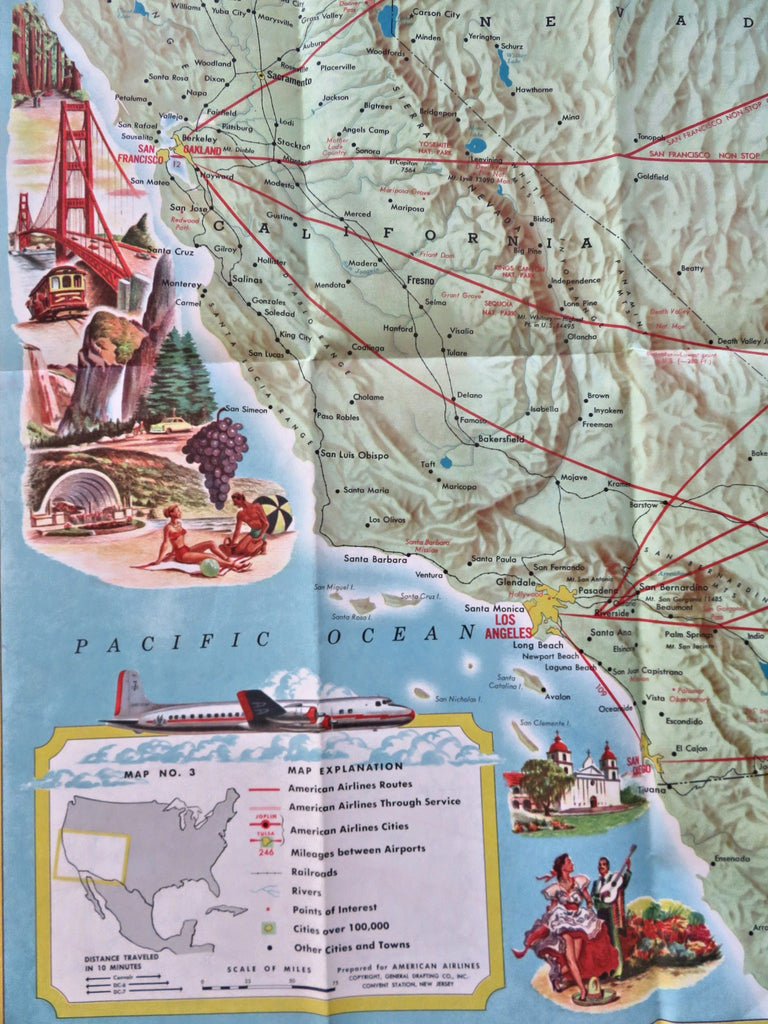American Airlines Cartoon Pictorial System Map c. 1956 tourist travel ...