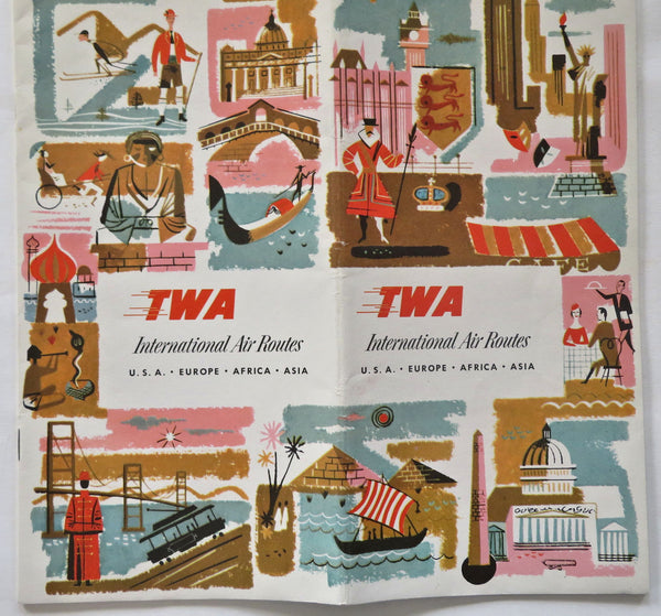 TWA Trans World Airlines 1958 Flight system route brochure worldwide maps