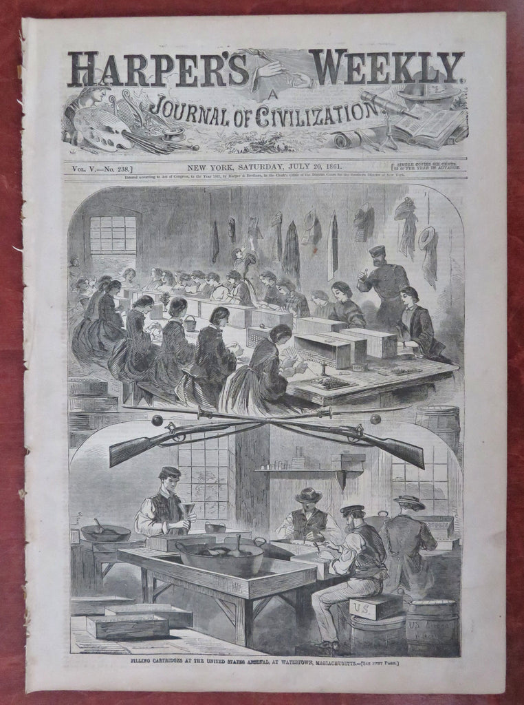 Winslow Homer U.S. Arsenal Mass. Seat of War birds-eye 1861 Civil War newspaper