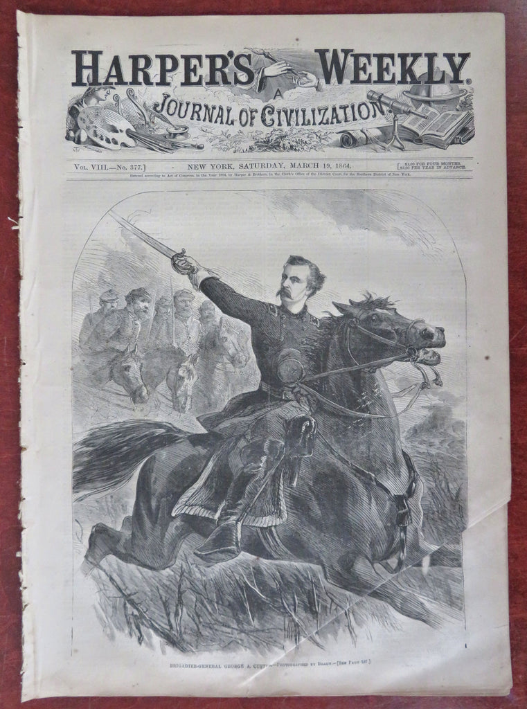 George Armstrong Custer Lunar Print US war map 1864 Harper's Civil War newspaper