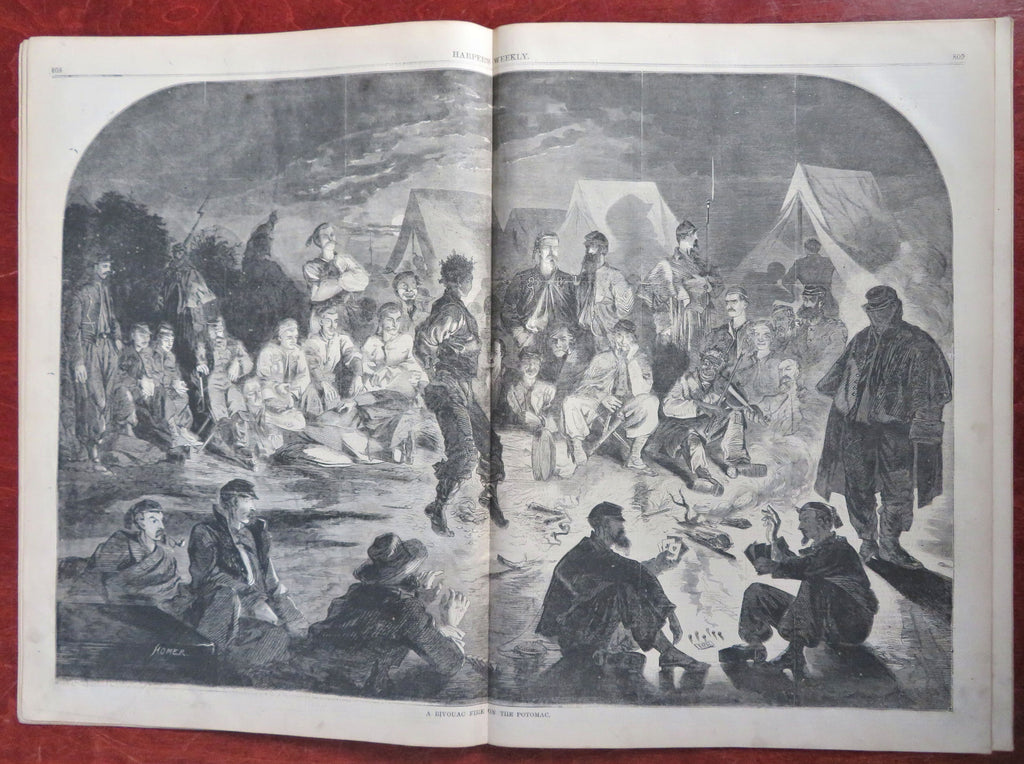 Winslow Homer Bivouac Fire dancing Slaves maps 1861 Harper's Civil War newspaper