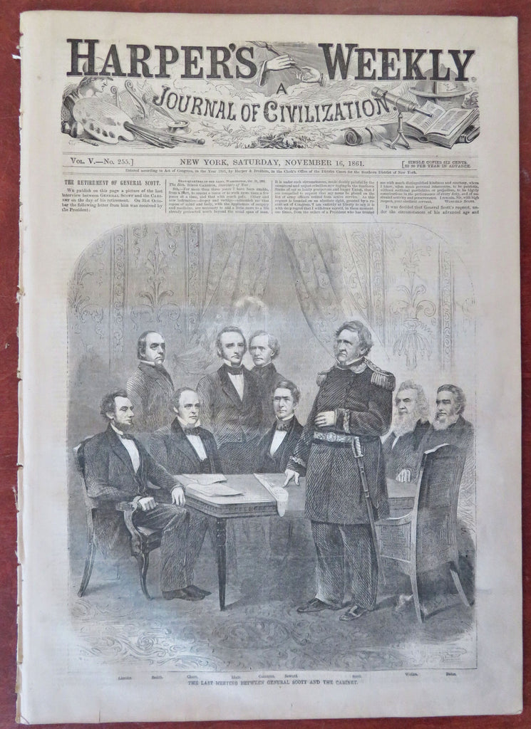 Abe Lincoln & Winfield Scott Cabinet Meeting 1861 Harper's Civil War newspaper