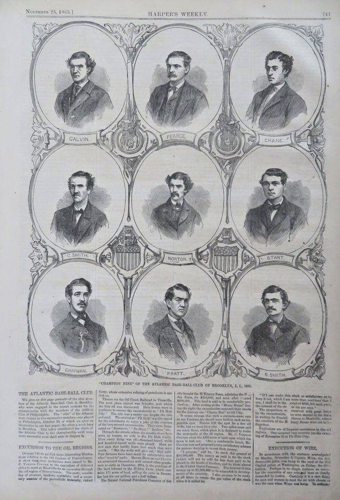Baseball Champions Atlantic Club Brooklyn 1865 Harper's Civil War newspaper