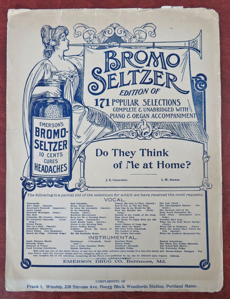 Bromo Seltzer Emerson Drug Co. Promotional Sheet Music c. 1890's patent medicine