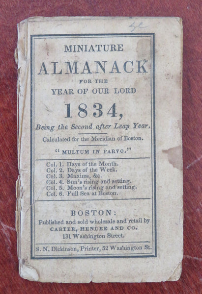 Miniature Almanac 1833 Boston Zodiac Calendar scarce little book