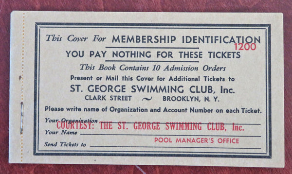 Brooklyn New York Deco St. George Swimming Club c.1938 Membership Ticket Book
