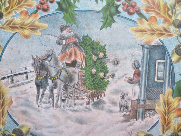 Santa Claus Visit Christmas Tree Sled Winter Scene c. 1880's color print