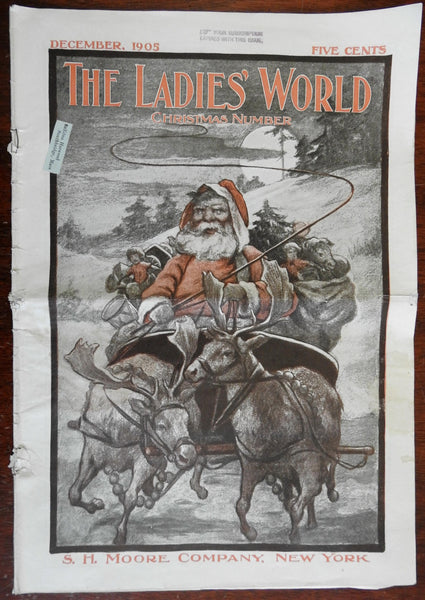 Santa Claus Christmas color cover 1905 Sleigh Reindeer Toys women's newspaper