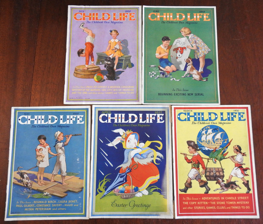 Child Life Children's Magazine 5 issue lot March-July 1937 fun colorful puzzles