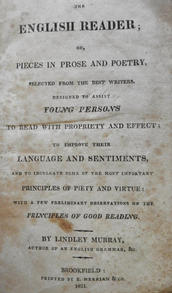 English School Reader Prose Poetry 1821 Brookfield / Murray early primer book