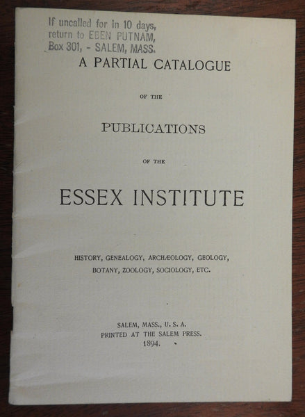 Essex Institute Salem MA 1894 Publications catalogue small publisher's catalog