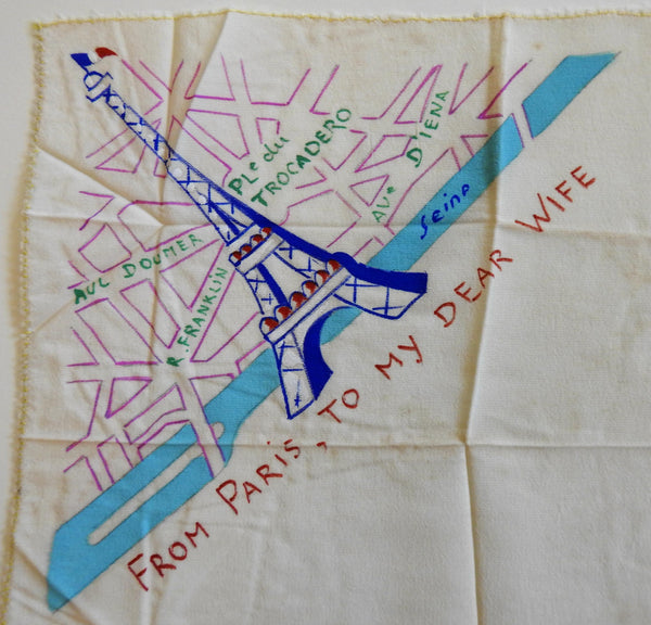 Paris City Plan w/ Eiffel Tower c.1920-40 hand painted silk fabric map folk art