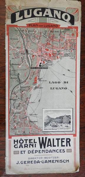 Lugano Switzerland c.1910 detailed city plan Hotel Garni Walter German tourism