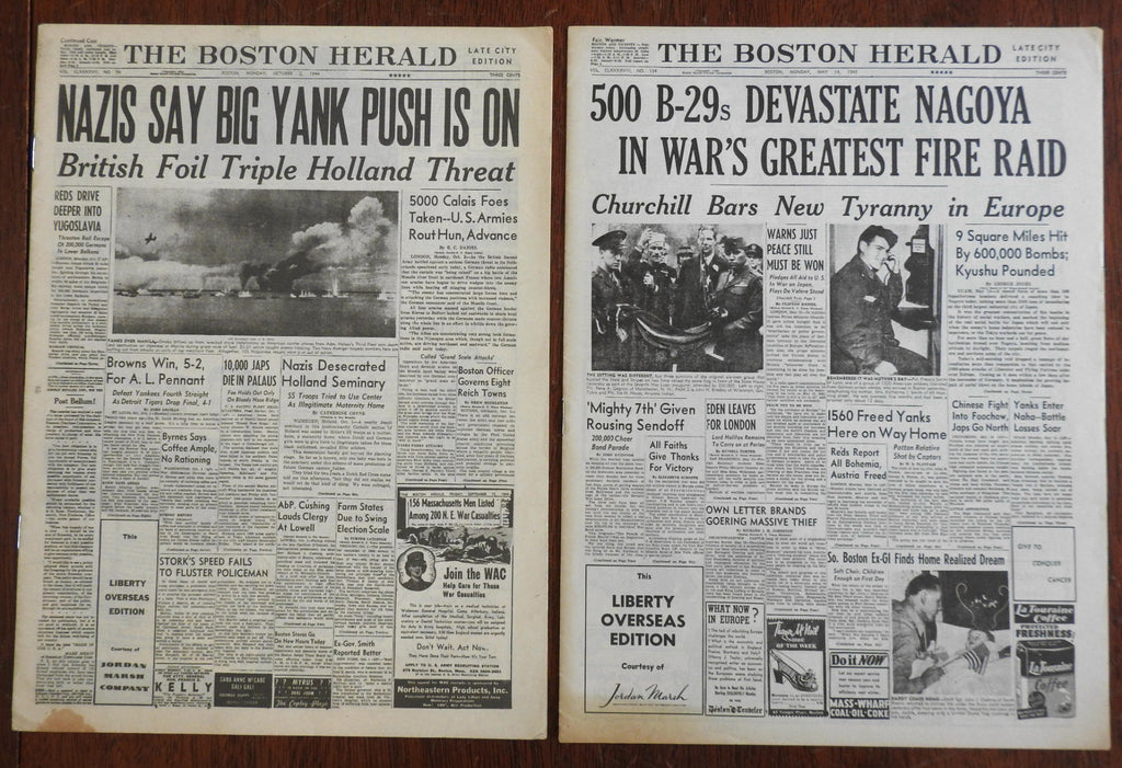 Boston Herald WWII Overseas Edition 1944 & 45 American miniature newspapers x 2