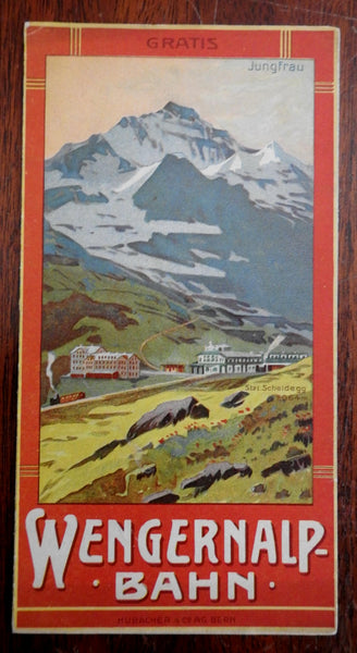 Wengernalp Swiss Railway 1907 tourist's brochure panorama w/ map time tables