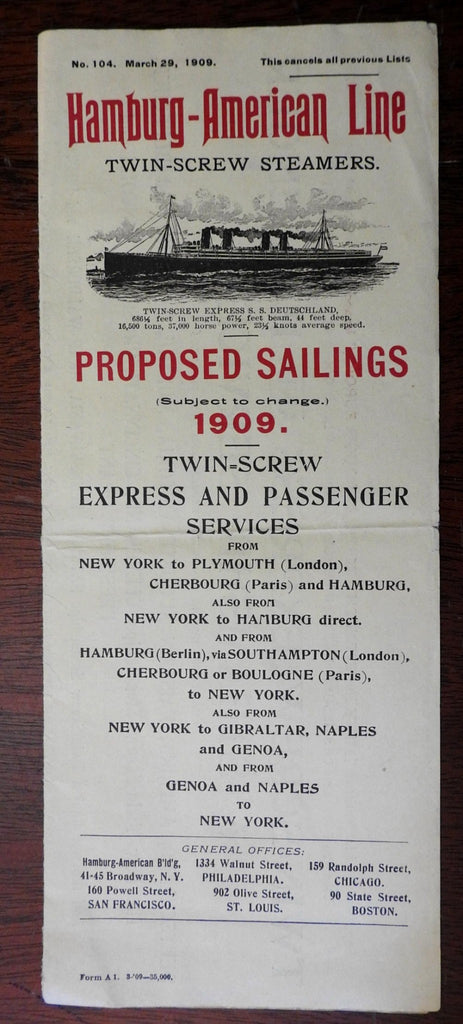 Hamburg-American Line 1908 Proposed Sailing Schedule Promotional Brochure