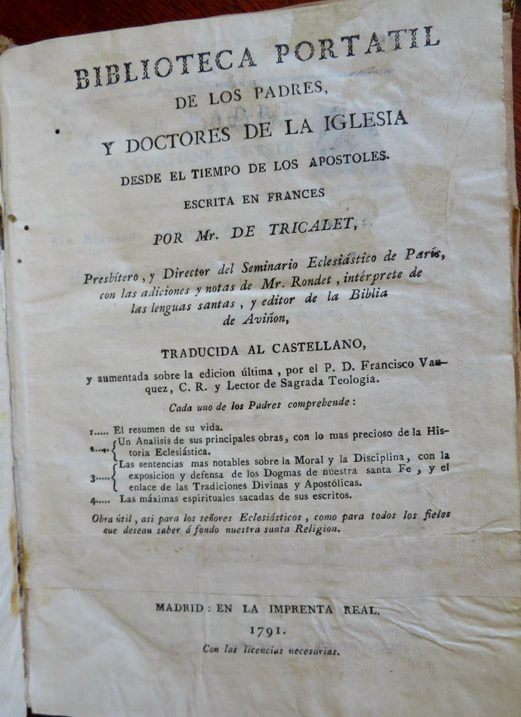 Library of Doctors & Fathers of Church 1791 Madrid Tricalet rare Spanish book