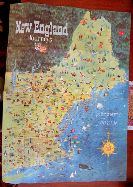 New England Journeys c. 1950's Ford Cars large cartoon pictorial map tourism