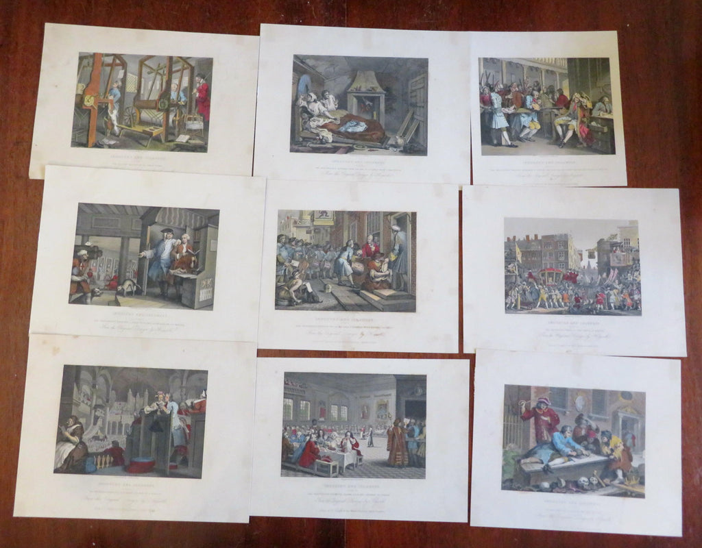 Industry & Idleness Hogarth Scenes c. 1850's Lot x 9 fine hand colored prints