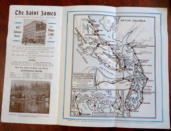 Hotel St. James Victoria Vancouver Island 1920's advertising pamphlet w/ map