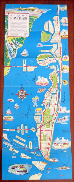 Miami Beach Florida c. 1951 cartoon pictorial city plan folding tourist brochure