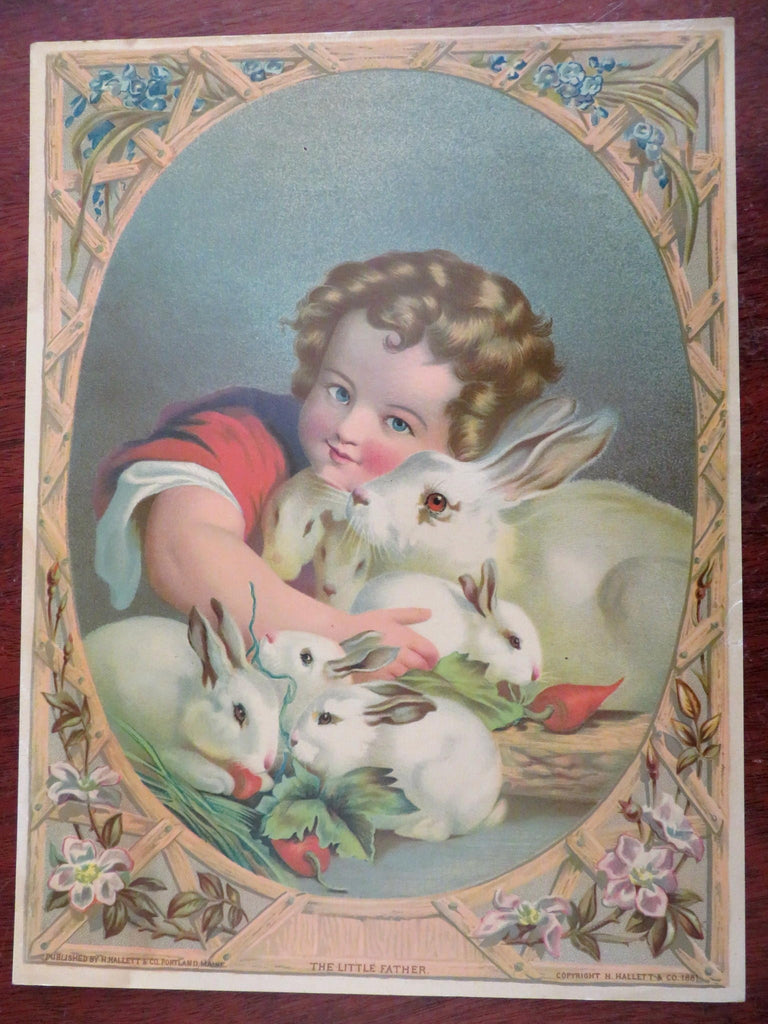 Portland ME Hallett color print 1881 Little Father Young Boy & Pet Rabbits