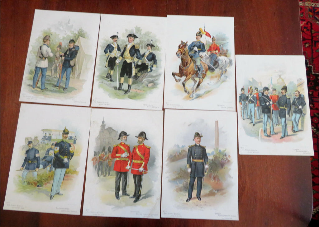 Massachusetts Militia Uniforms prints 1895 lot x7 rare colorful nwsppr. graphics