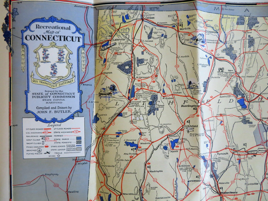 Recreational Connecticut pictorial map c. 1940's tourist illustrated promo map