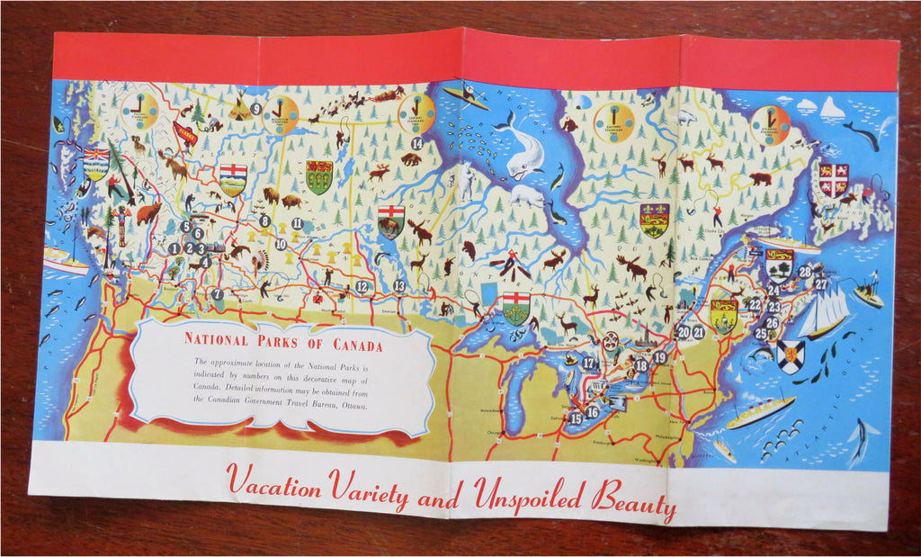 Canadian National Parks Informational Brochure c. 1955 cartoon pictorial map