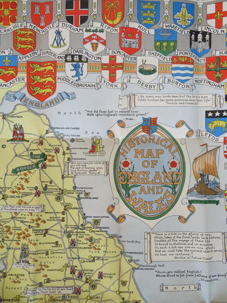 England & Wales Historical Cartoon Pictorial Map c.1950 big colorful linen back