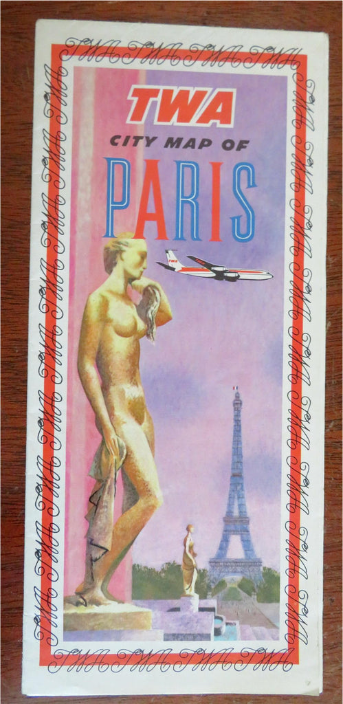 Paris France Pictorial City Plan c. 1950 TWA airline city map travel brochure