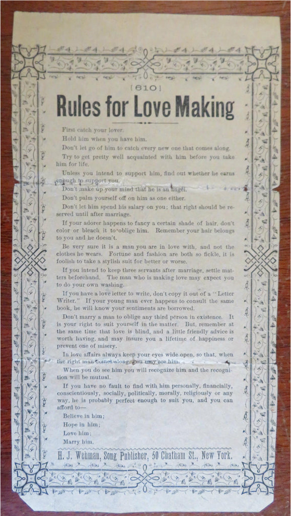 Rules for Love Making Dating Tips c. 1880's H.J. Wehman humorous advertisement