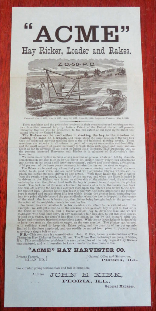 Acme Hay Ricker Agricultural Harvesting Tool Farming c.1885 rare handbill