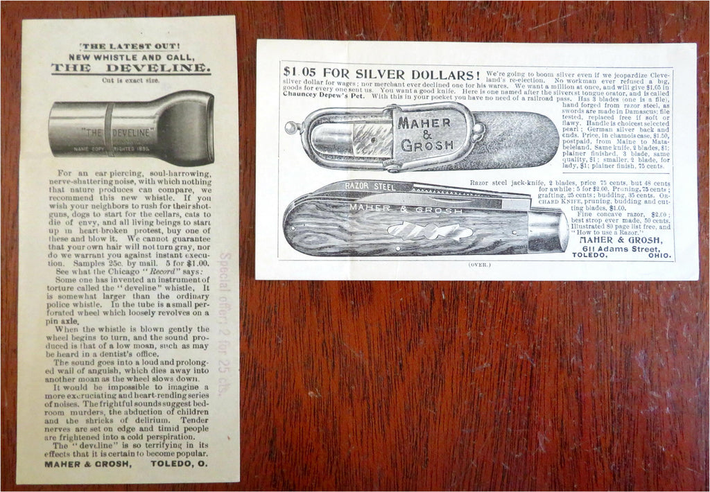 Maher & Grosh Whistle Pen Knives advertising hand bills c. 1889 lot x 2 American