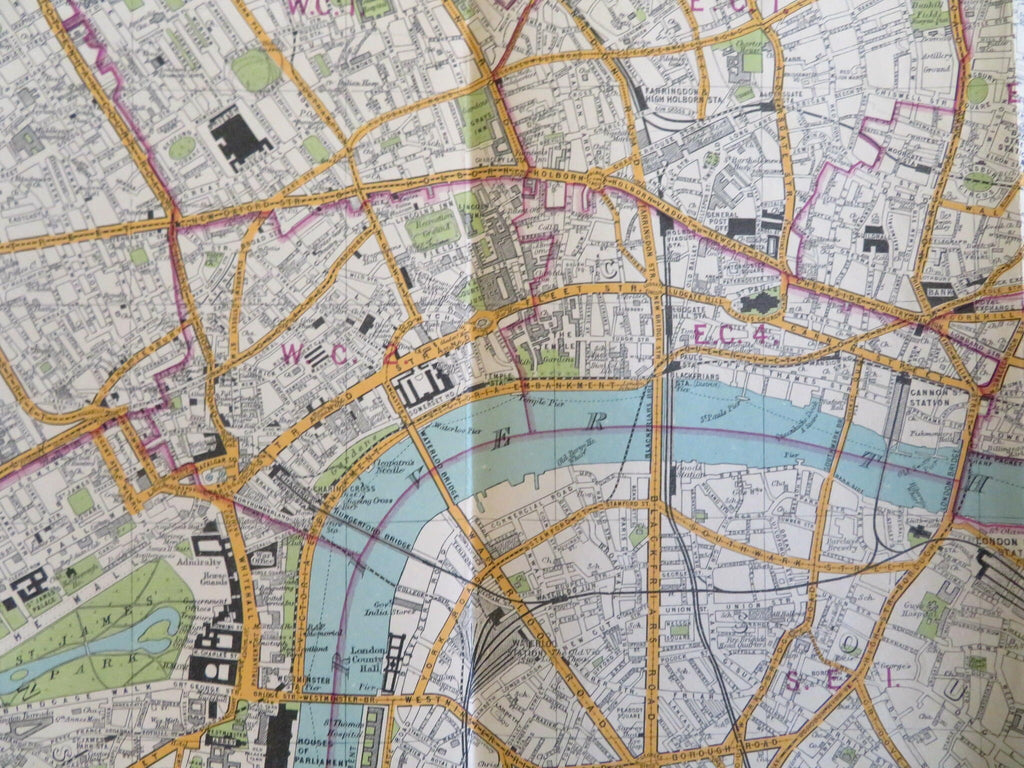 Central London City Plan c. 1910-30's Bartholomew linen backed large map