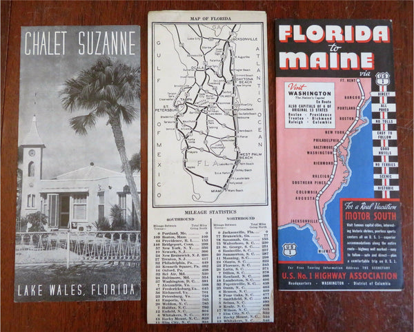 Florida Travel Brochures c.1940's-50's Lot x 3 illustrated ads w/ map